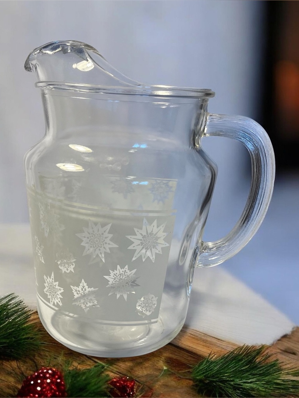 Vintage Federal Glass Snowflake Pitcher Frosted Atomic Starburst MC Holidays